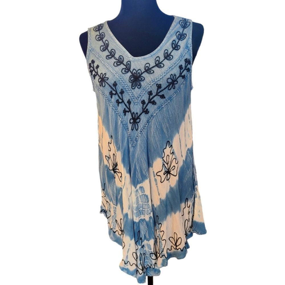 EMILY STACY Swing Dress Swim Coverup Bohemian Embroidered TieDye‎ sz M